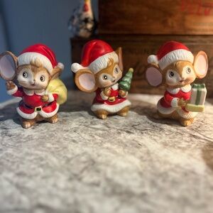VINTAGE HOMCO CHRISTMAS MICE SANTA FIGURINES SET OF 3 HOLIDAY COLLECTIBLES